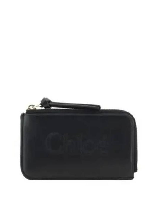 Embroidered Logo Shiny Calf Skin Zipper Card Wallet Black - CHLOE - BALAAN 2