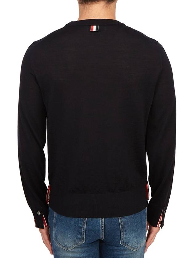 Intarsia Stitch Crew Neck Merino Wool Knit Top Navy - THOM BROWNE - BALAAN 5