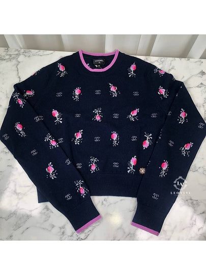 Flower CC Logo Cashmere Knit Top Navy Blue - CHANEL - BALAAN 2