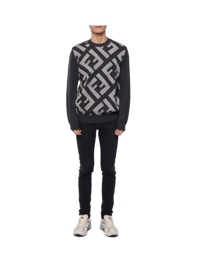 Monogram Jacquard Wool Crewneck Knit Top Grey - FENDI - BALAAN 4