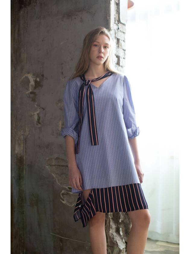 Scarf Set 2 Way Stripe Shirt Short Dress Sky Blue - PRETONE - BALAAN 4