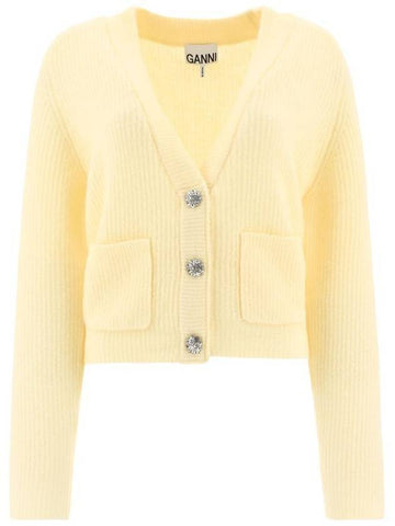 Ribbed V-Neck Soft Wool Cardigan Yellow - GANNI - BALAAN 1