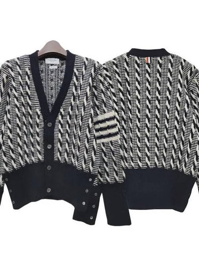 4-bar V-neck Twist Cable Knit Cardigan Navy - THOM BROWNE - BALAAN 2