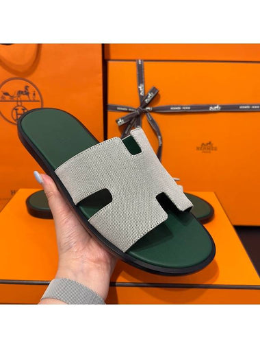 Men's Izmir Sandals Calfskin Fabric Green Twotone - HERMES - BALAAN 1