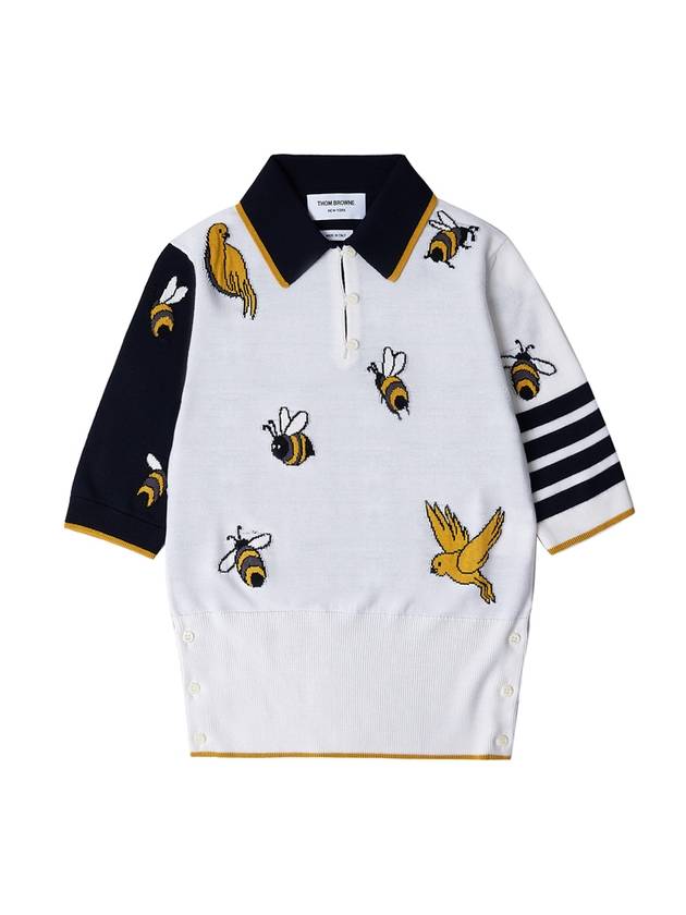 Fun-Mix Cotton Merino Birds and Bees 4-Bar Polo Shirt White - THOM BROWNE - BALAAN 2