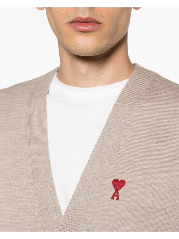 Red Heart Logo Merino Wool Cardigan Beige - AMI - BALAAN 5