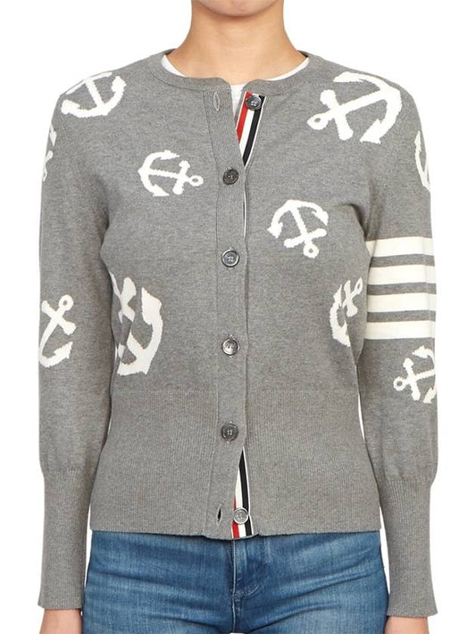 Cotton Anchor Intarsia 4-Bar Crewneck Cardigan Grey - THOM BROWNE - BALAAN 2