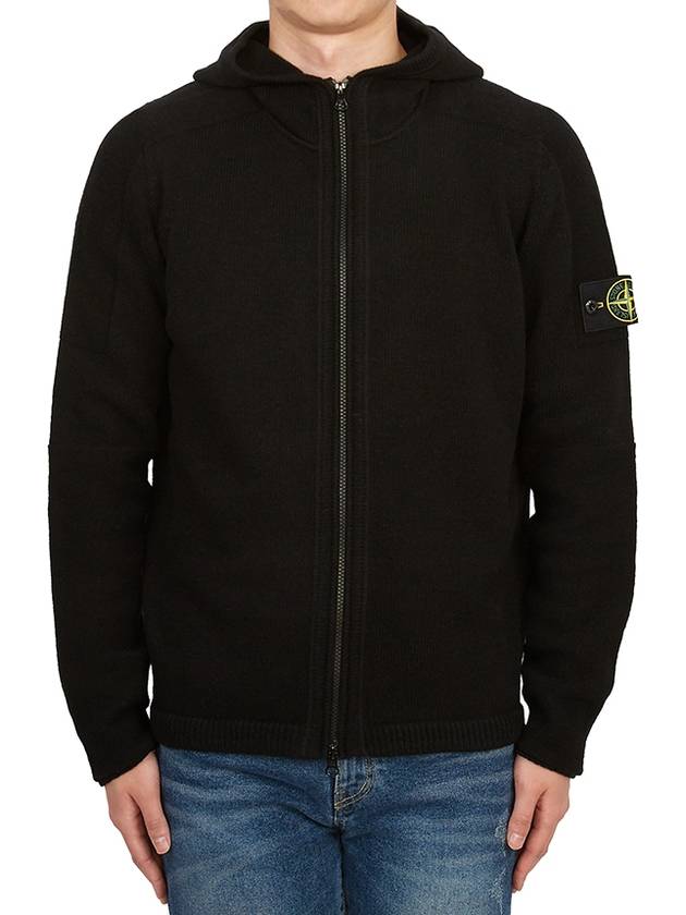 Logo Patch Hooded Lamb Wool Cardigan Black - STONE ISLAND - BALAAN 2