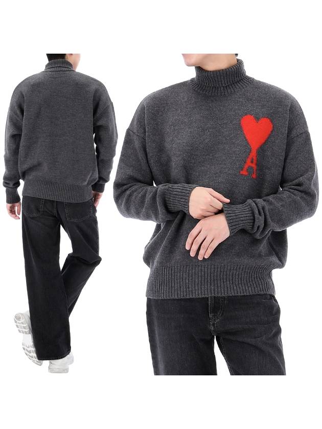 Big Heart Logo Wool Knit Turtleneck Grey - AMI - BALAAN 2