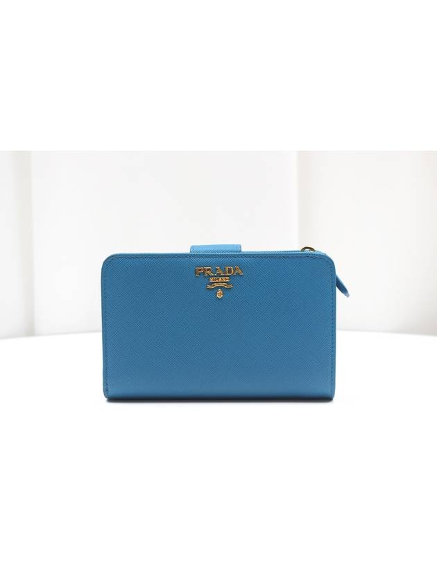 Saffiano gold logo medium wallet blue 1M1225 - PRADA - BALAAN 1