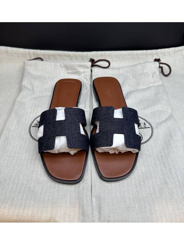 Oran Denim Leather Sandals Dark Blue - HERMES - BALAAN 3