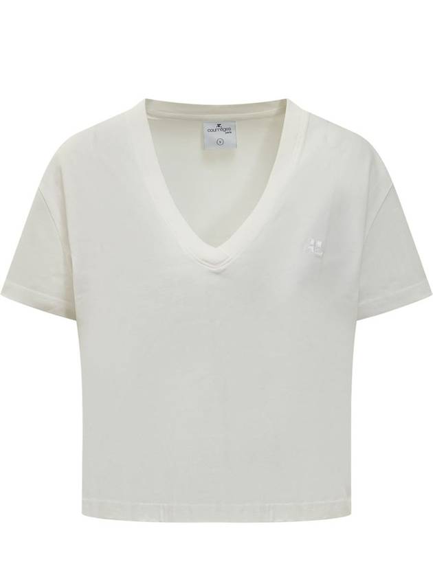 Embroidered Logo V-neck Crop Short Sleeve T-shirt White - COURREGES - BALAAN 2