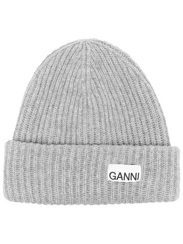 Logo Patch Knit Beanie Grey - GANNI - BALAAN 2