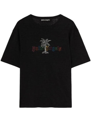 Linen Collar Short Sleeve T-Shirt Black - PALM ANGELS - BALAAN 1