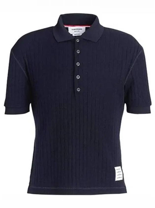 RWB Button Ribbed Polo Wool Knit Top Navy - THOM BROWNE - BALAAN 2