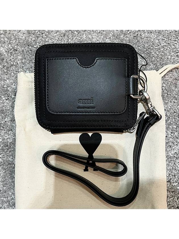Heart Logo Strap Zipper Half Wallet Black - AMI - BALAAN 4