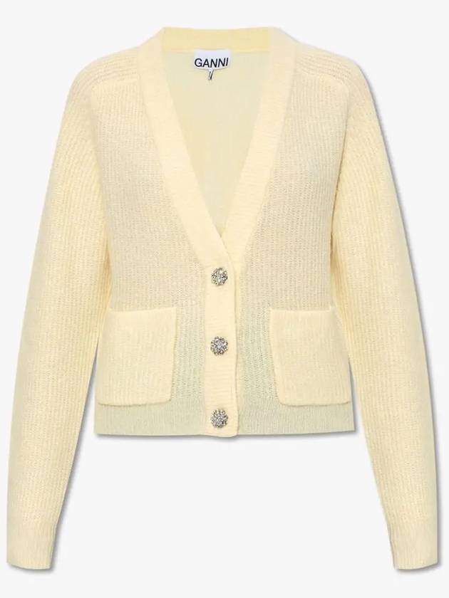 Ribbed V-Neck Soft Wool Cardigan Yellow - GANNI - BALAAN 5