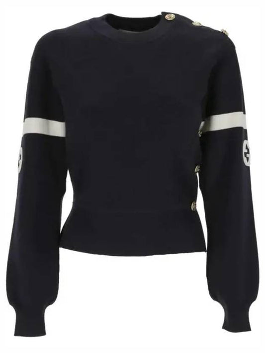 Logo Wool Long Sleeve T-Shirt Navy - GUCCI - BALAAN 2