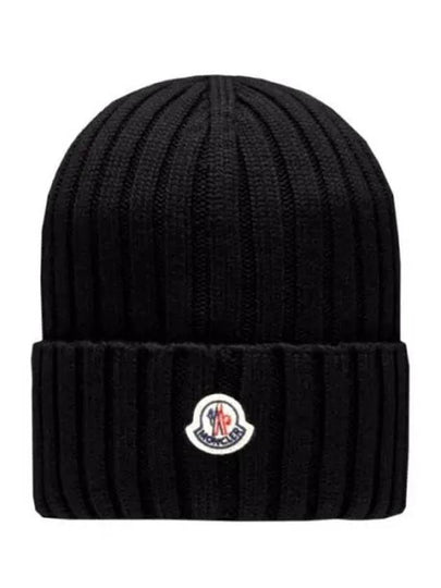 Logo Patch Wool Beanie Black - MONCLER - BALAAN 2