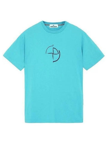 Men's Compass Embroidery Back Lettering Short Sleeve T-Shirt Blue - STONE ISLAND - BALAAN 1