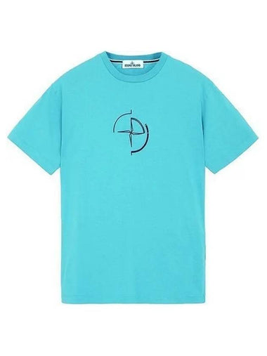 Men's Compass Embroidery Back Lettering Short Sleeve T-Shirt Blue - STONE ISLAND - BALAAN 1