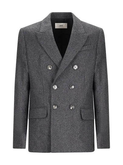 Wool Flanne Double Breasted Jacket Dark Grey - AMI - BALAAN 2