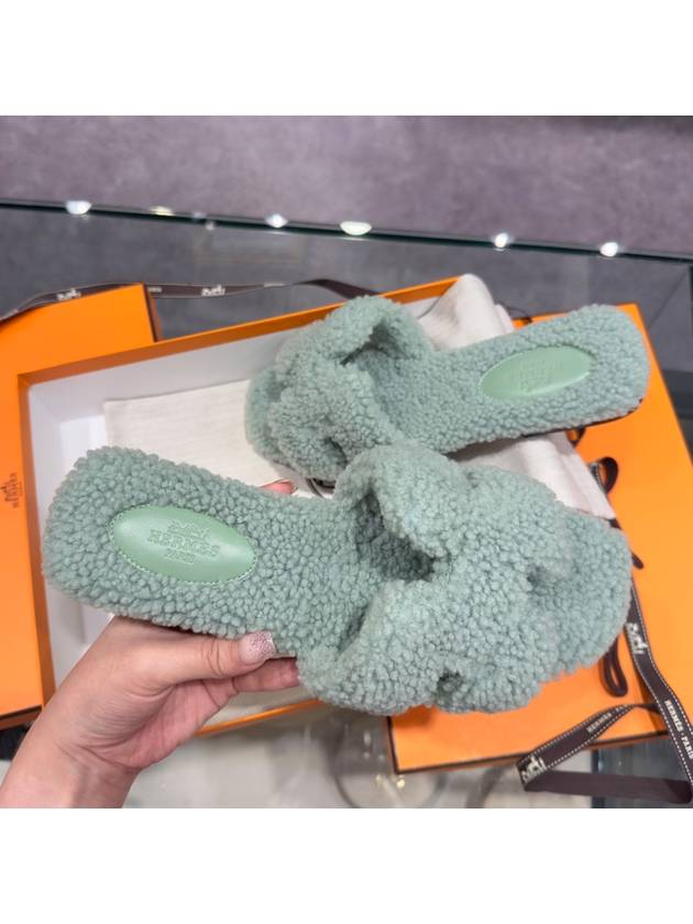 Women's Oran Sandals Woolskin Mint Green - HERMES - BALAAN 1