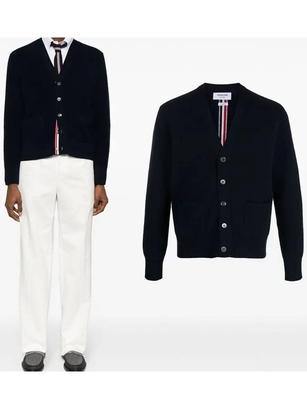 Brushed Effect Virgin Wool Cardigan Navy - THOM BROWNE - BALAAN 2