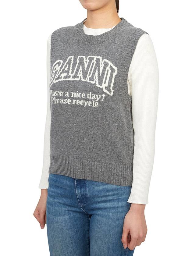 Logo Graphic Crew Neck Wool Knit Vest Grey - GANNI - BALAAN 3