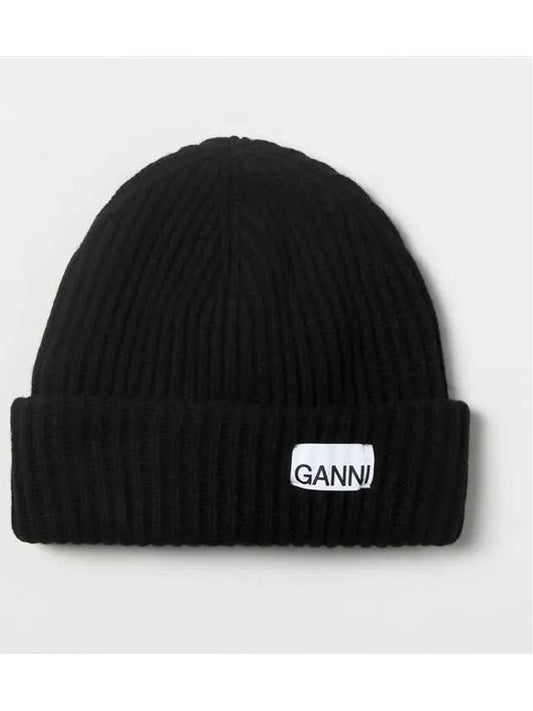 Logo Patch Knit Beanie Black - GANNI - BALAAN 2