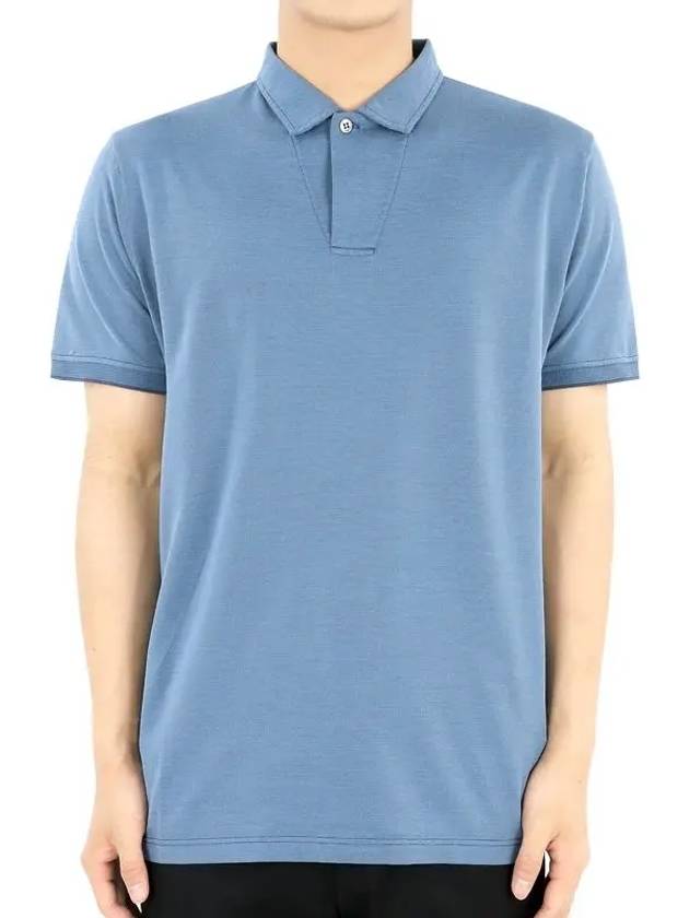 Men's Open Cotton Silk Short Sleeve Polo Shirt Azure Stone - LORO PIANA - BALAAN 2