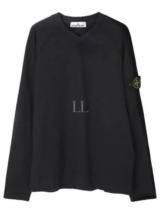 Garment Dyed V Neck Badge Sweatshirt Black - STONE ISLAND - BALAAN 2