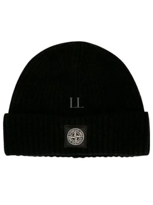 Logo Patch Rib Wool Beanie Black - STONE ISLAND - BALAAN 2