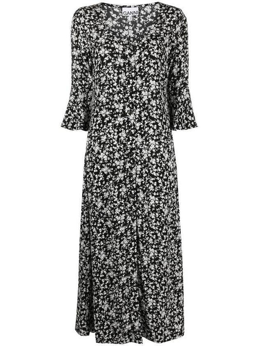 Women's Floral Long Dress Black - GANNI - BALAAN.