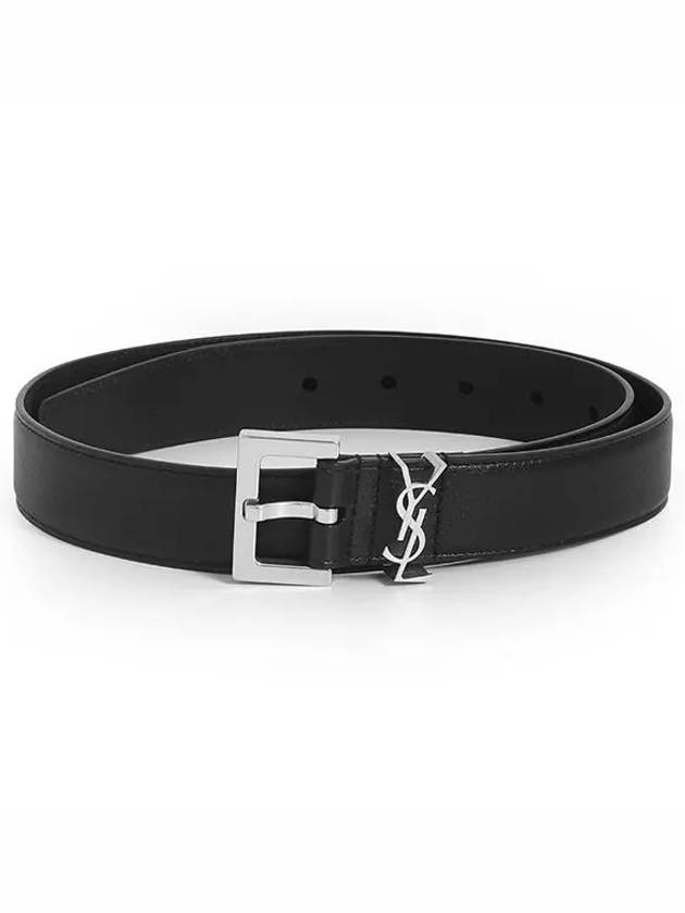 Square Buckle Monogram Leather Belt Black - SAINT LAURENT - BALAAN 2