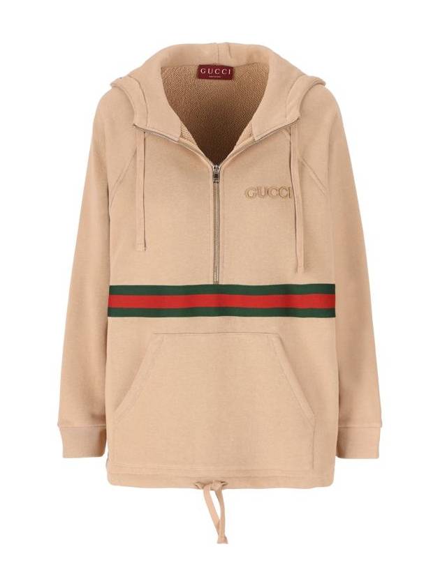 Embroidery Logo Web Stripe Half Zip Hoodie Light Brown - GUCCI - BALAAN 2