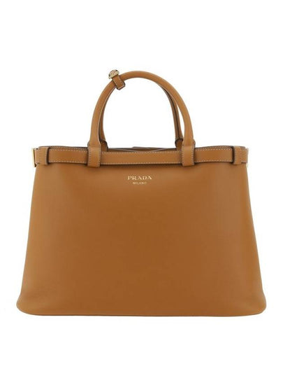 Double Belt Buckle Medium Leather Hand Tote Bag Camel - PRADA - BALAAN 2