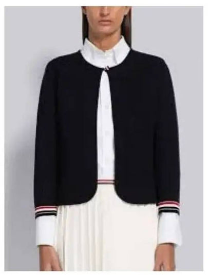 Grid Stitch Pointelle Cropped Crew Neck Cardigan Navy - THOM BROWNE - BALAAN 2