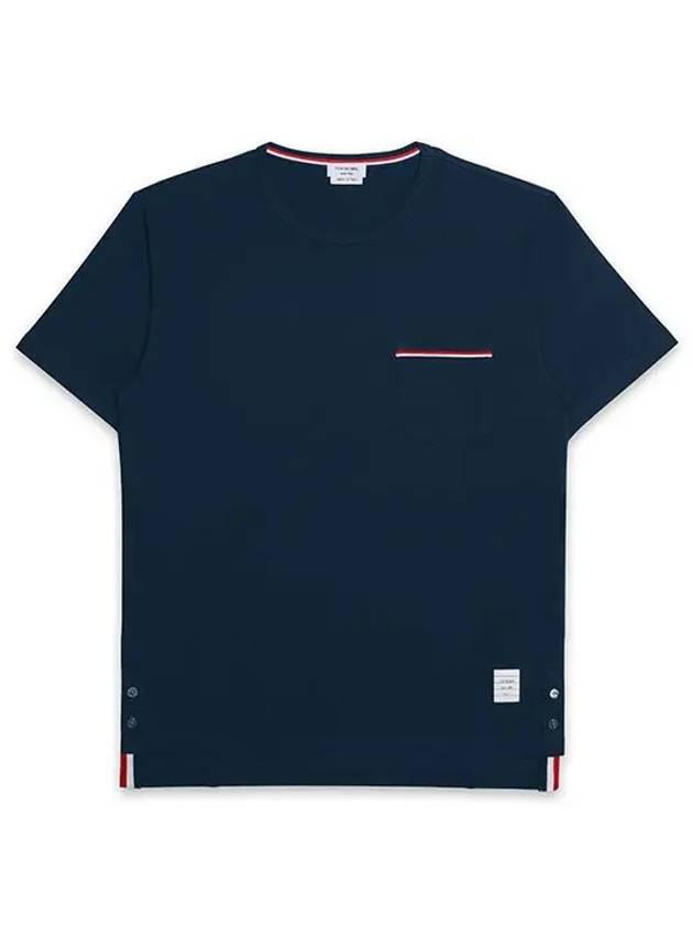 Men's Medium Weight Jersey Tipped Pocket Crewneck Short Short Sleeve T-Shirt Navy - THOM BROWNE - BALAAN 3