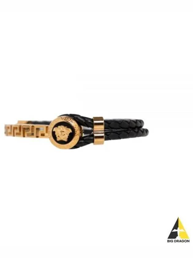 Greek Motif Metal Leather Bracelet Black Gold - VERSACE - BALAAN 2