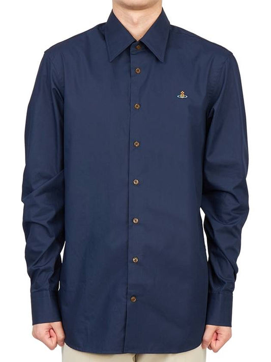 Men's Embroidered ORB Long Sleeve Shirt Navy - VIVIENNE WESTWOOD - BALAAN 2