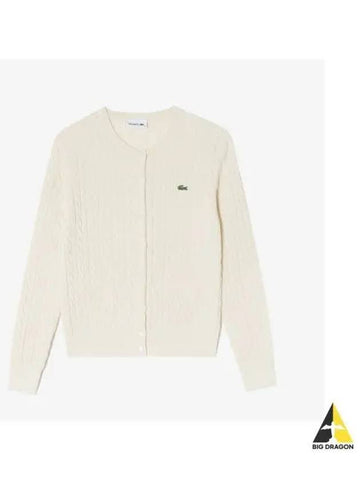 Women s Cable Crew Neck Cardigan Cream - LACOSTE - BALAAN 1