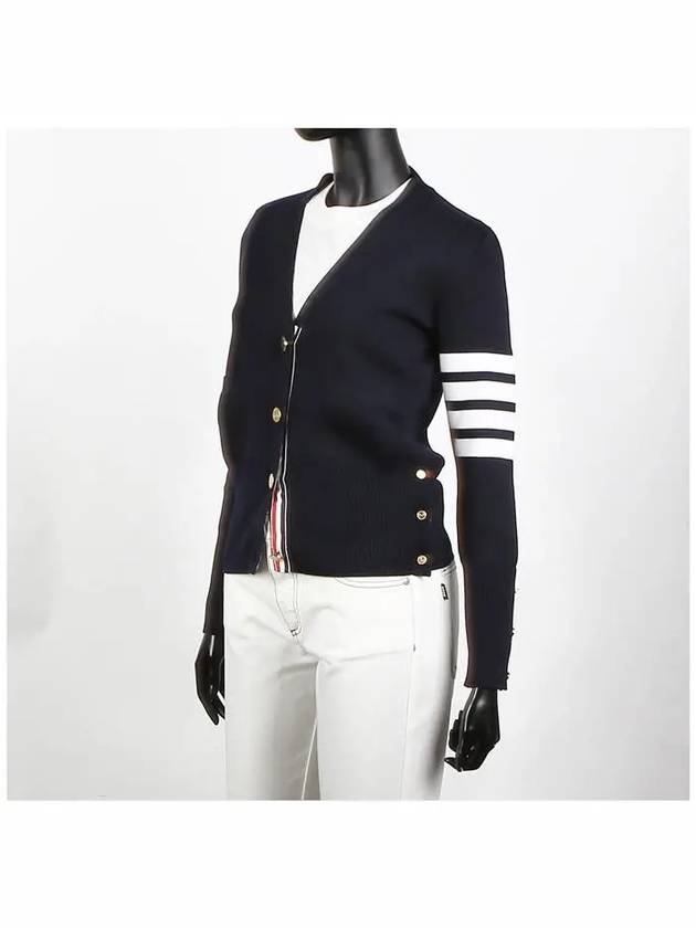 Milano Stitch 4 Bar Classic V Neck Fine Merino Wool Cardigan Navy - THOM BROWNE - BALAAN 3