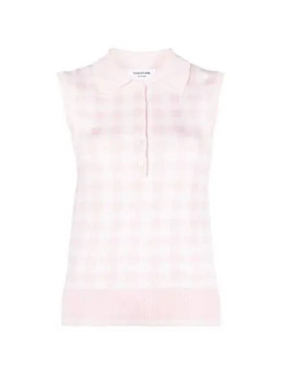 Gingham Silk Jacquard 4 Bar Polo Sleeveless Cardigan Pink - THOM BROWNE - BALAAN 2