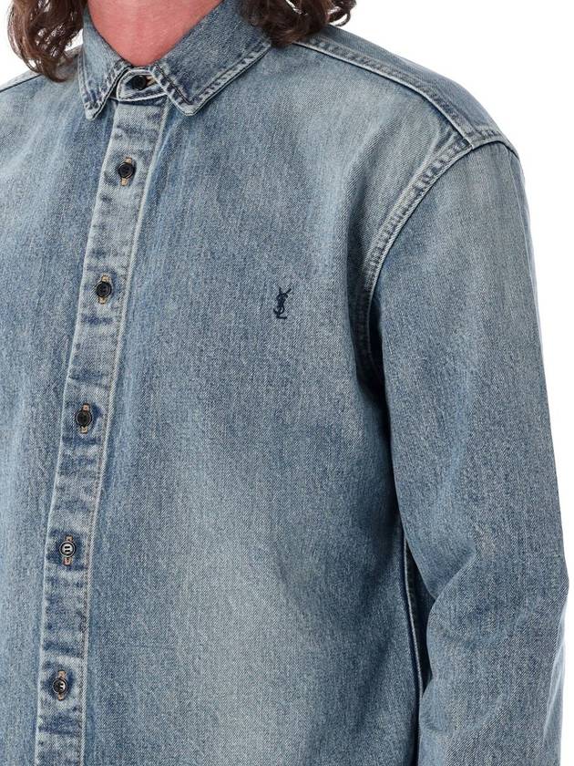 Men's Cassandre Logo Denim Long Sleeve Shirt Blue - SAINT LAURENT - BALAAN 4