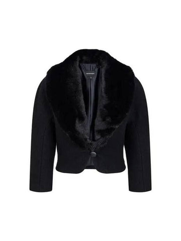 Women s Fur Shawl Crop Wool Boucle Jacket Black - EMPORIO ARMANI - BALAAN 1