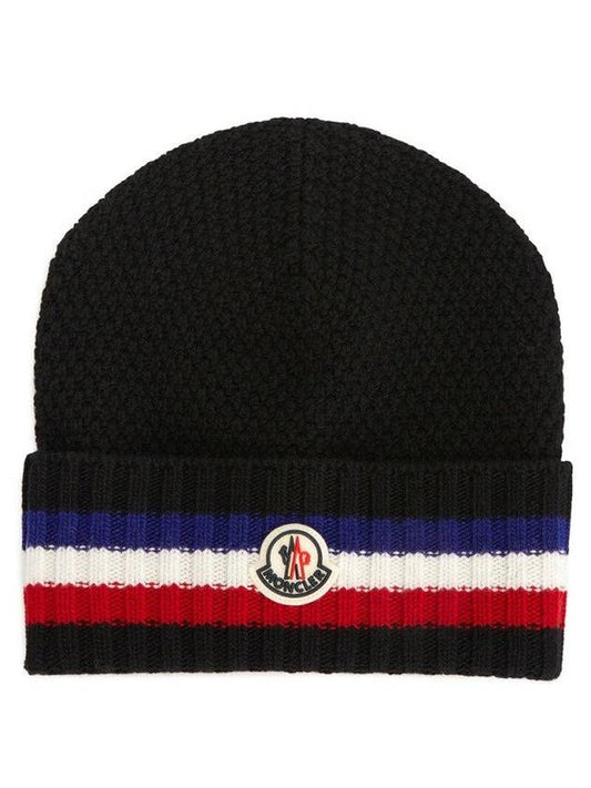 Tricolor Line Logo Patch Beanie Black - MONCLER - BALAAN 1