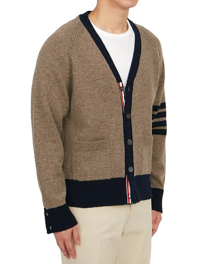 V-Neck 4-Bar Wool Cardigan Brown - THOM BROWNE - BALAAN 5