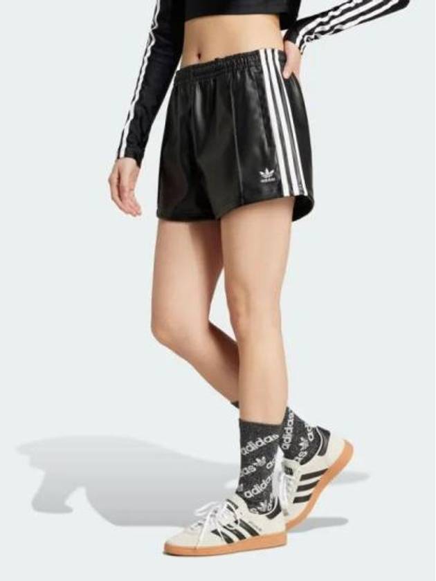 Pleather 3 Stripes Drawcord Shorts Black - ADIDAS - BALAAN 3