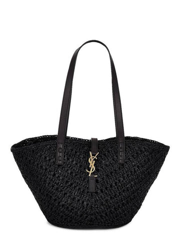 Panier Small Raffia Vegetable-Tanned Leather Tote Bag Black - SAINT LAURENT - BALAAN 1